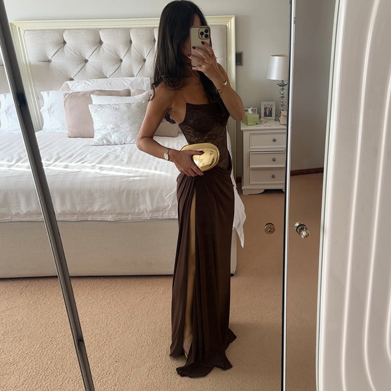 One-Shoulder Sheer Lace Elegant Maxi Dress