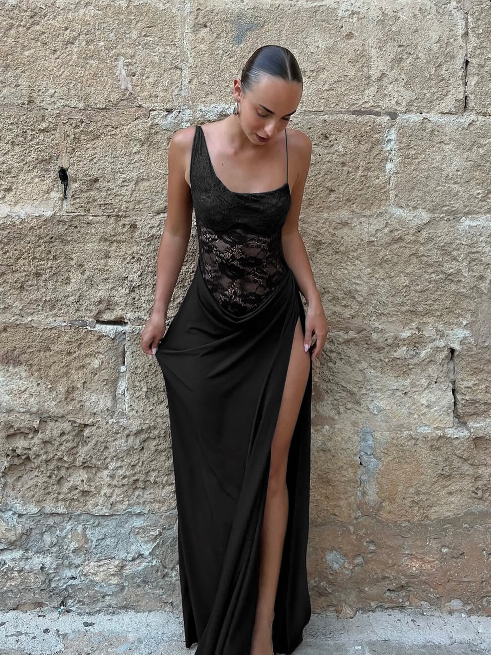 One-Shoulder Sheer Lace Elegant Maxi Dress