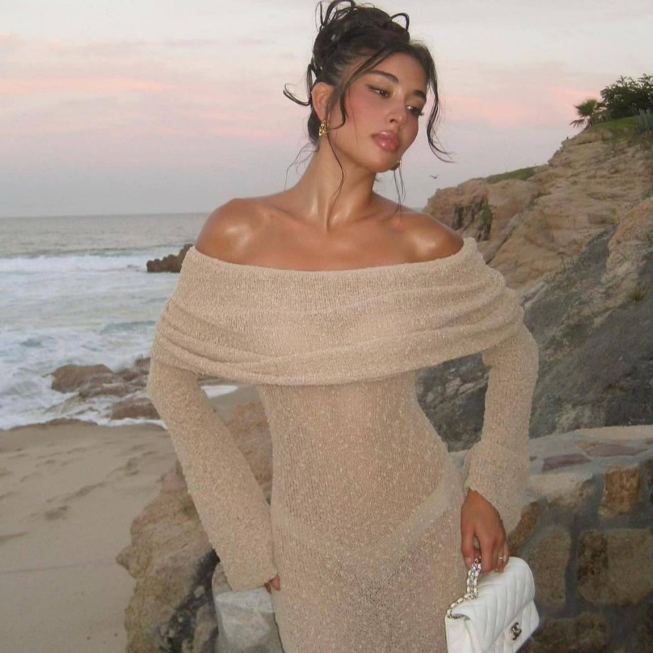 One-Shoulder Knitted Long-Sleeved Beach Dress