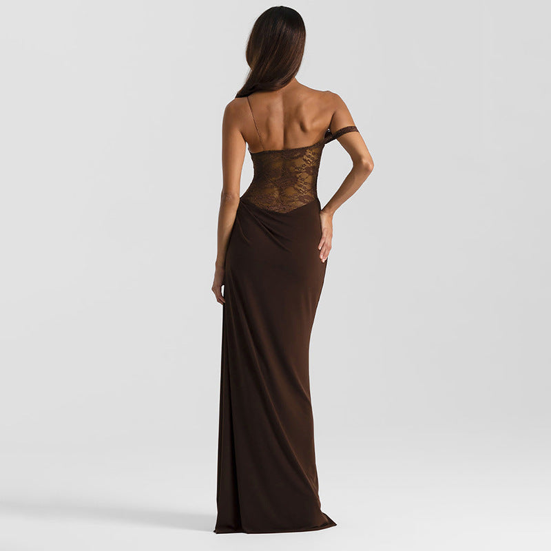 One-Shoulder Sheer Lace Elegant Maxi Dress