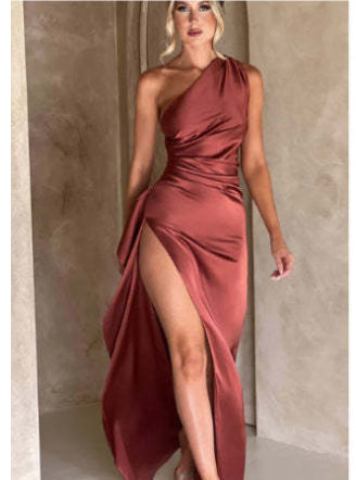 One-Shoulder Backless Slit Satin Dress