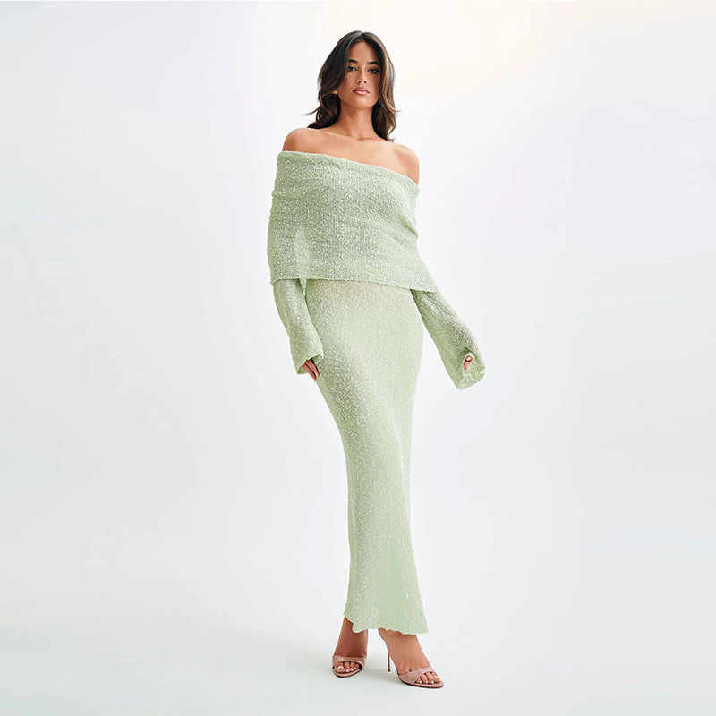 One-Shoulder Knitted Long-Sleeved Beach Dress