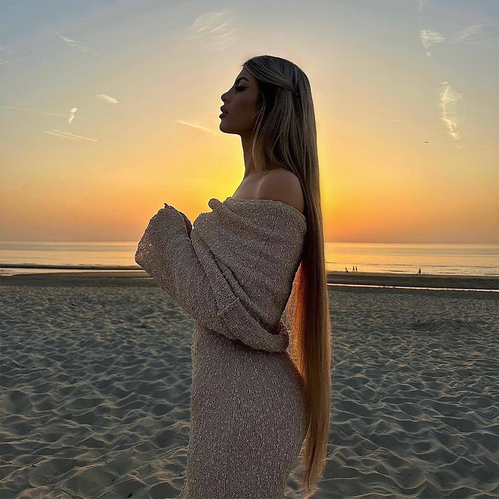 One-Shoulder Knitted Long-Sleeved Beach Dress