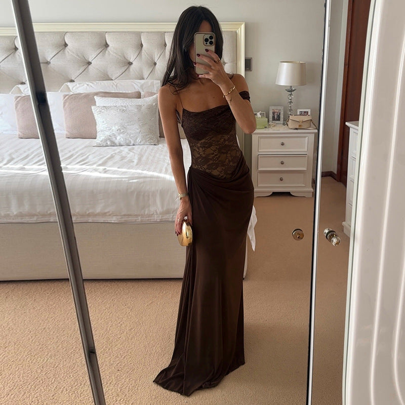 One-Shoulder Sheer Lace Elegant Maxi Dress