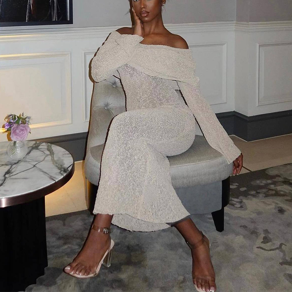 One-Shoulder Knitted Long-Sleeved Beach Dress