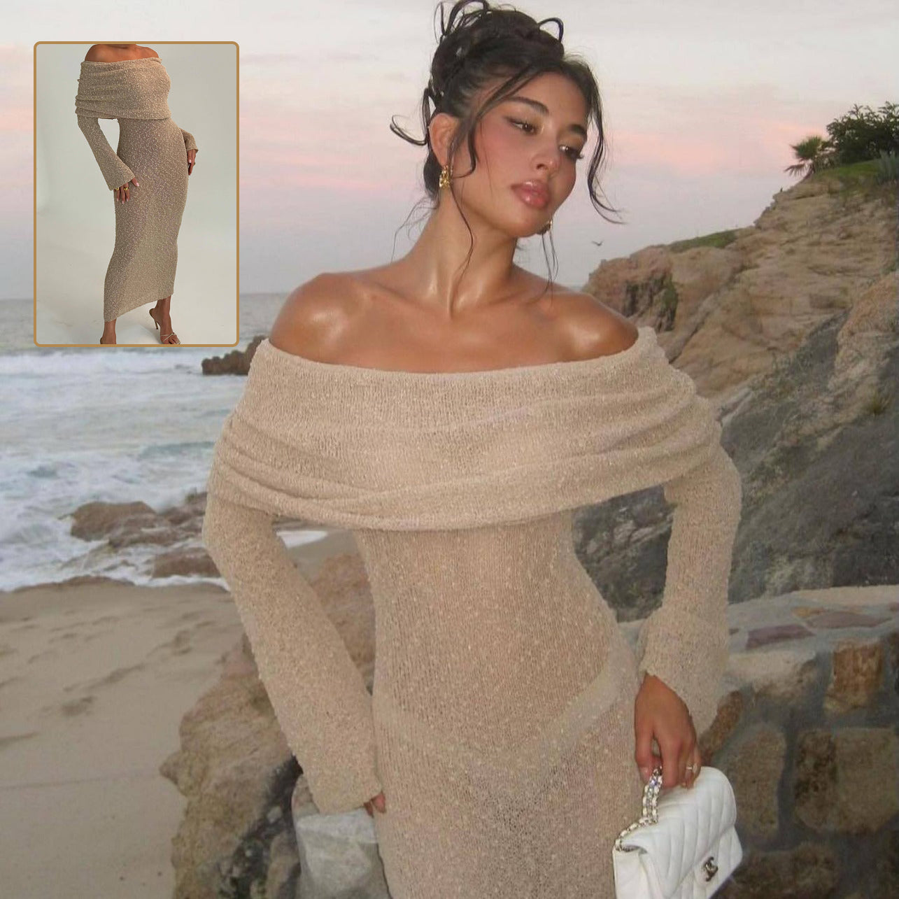 One-Shoulder Knitted Long-Sleeved Beach Dress