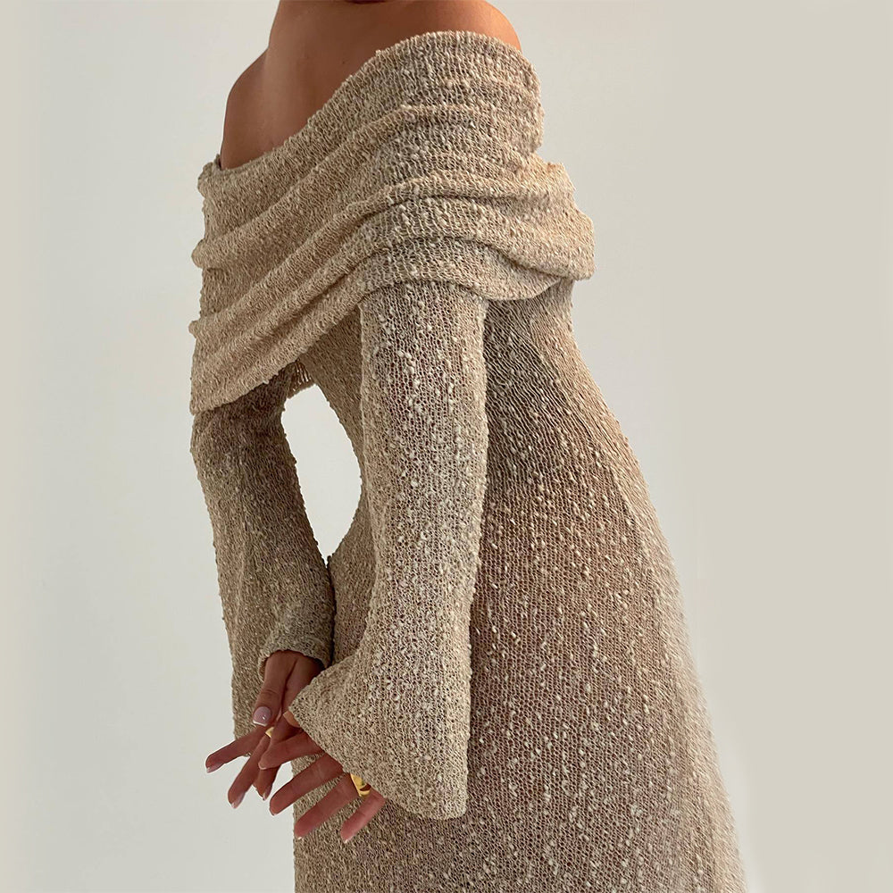 One-Shoulder Knitted Long-Sleeved Beach Dress