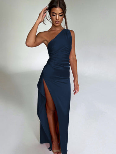 One-Shoulder Backless Slit Satin Dress