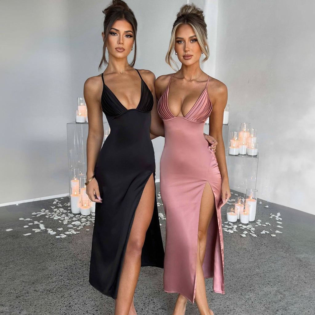 Deep V-Neck Cross Back Midi Dress