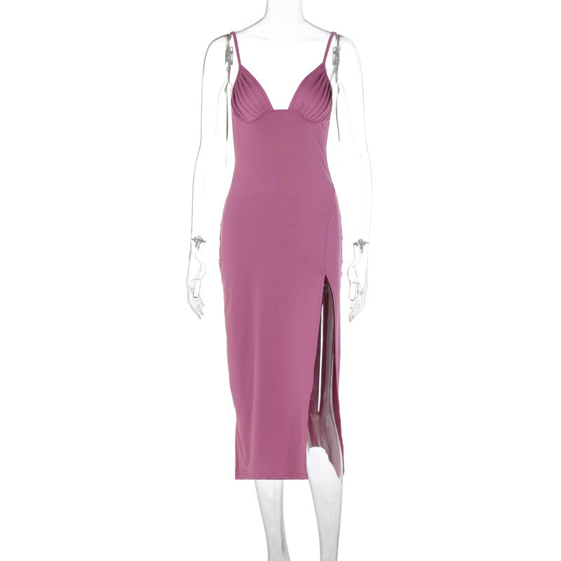 Deep V-Neck Cross Back Midi Dress