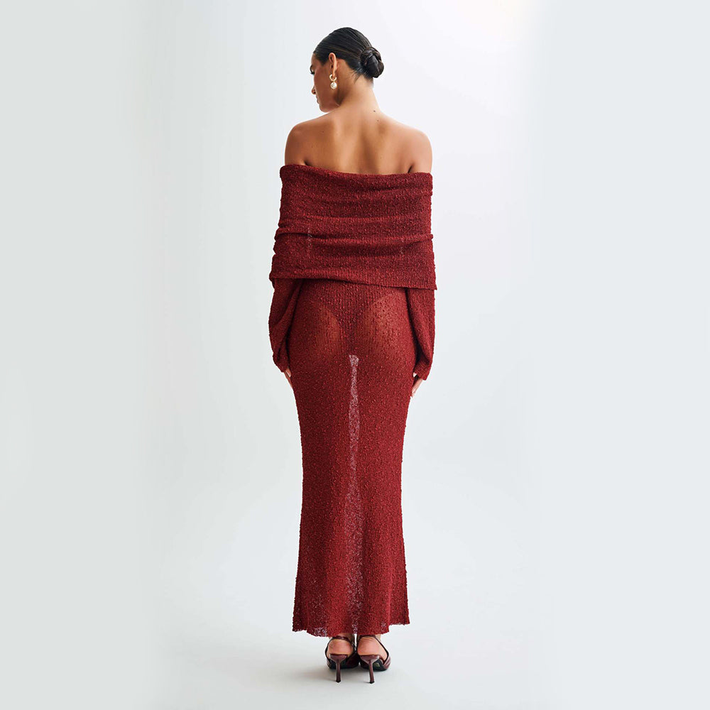 One-Shoulder Knitted Long-Sleeved Beach Dress