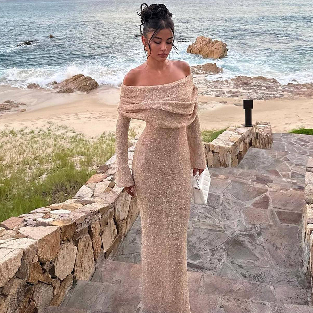 One-Shoulder Knitted Long-Sleeved Beach Dress