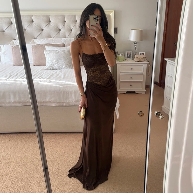 One-Shoulder Sheer Lace Elegant Maxi Dress