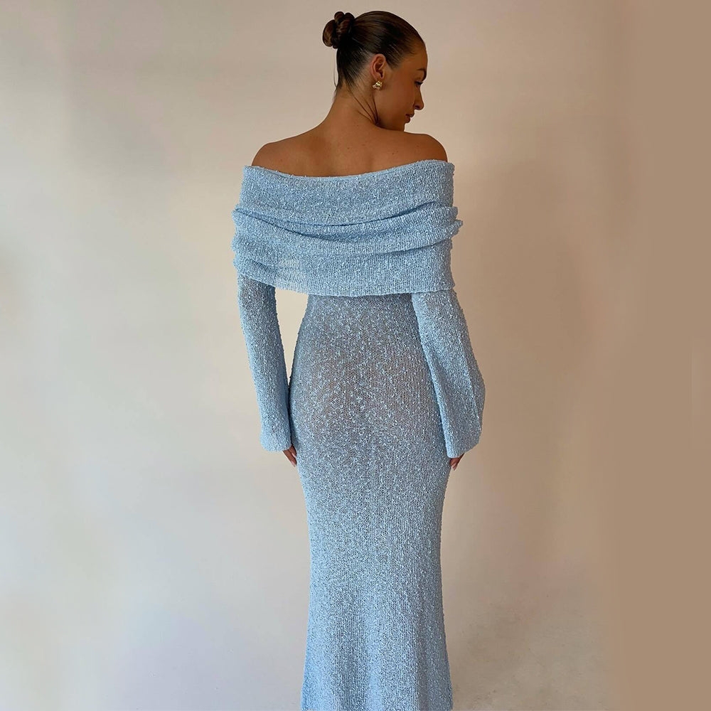 One-Shoulder Knitted Long-Sleeved Beach Dress