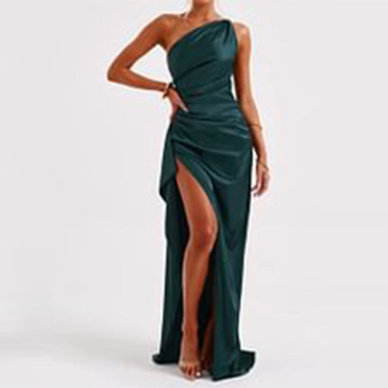 One-Shoulder Backless Slit Satin Dress