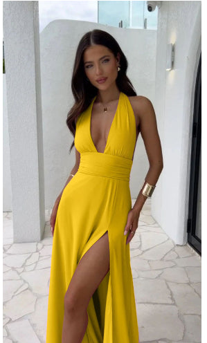 Halterneck V-Neck Slit Dress