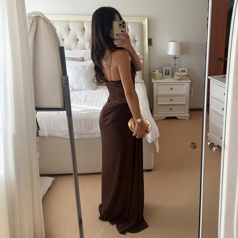 One-Shoulder Sheer Lace Elegant Maxi Dress